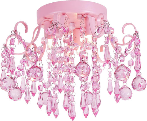 Mini Chandelier Crystal,Semi Flush Mount Pink Girl Chandelier, Small