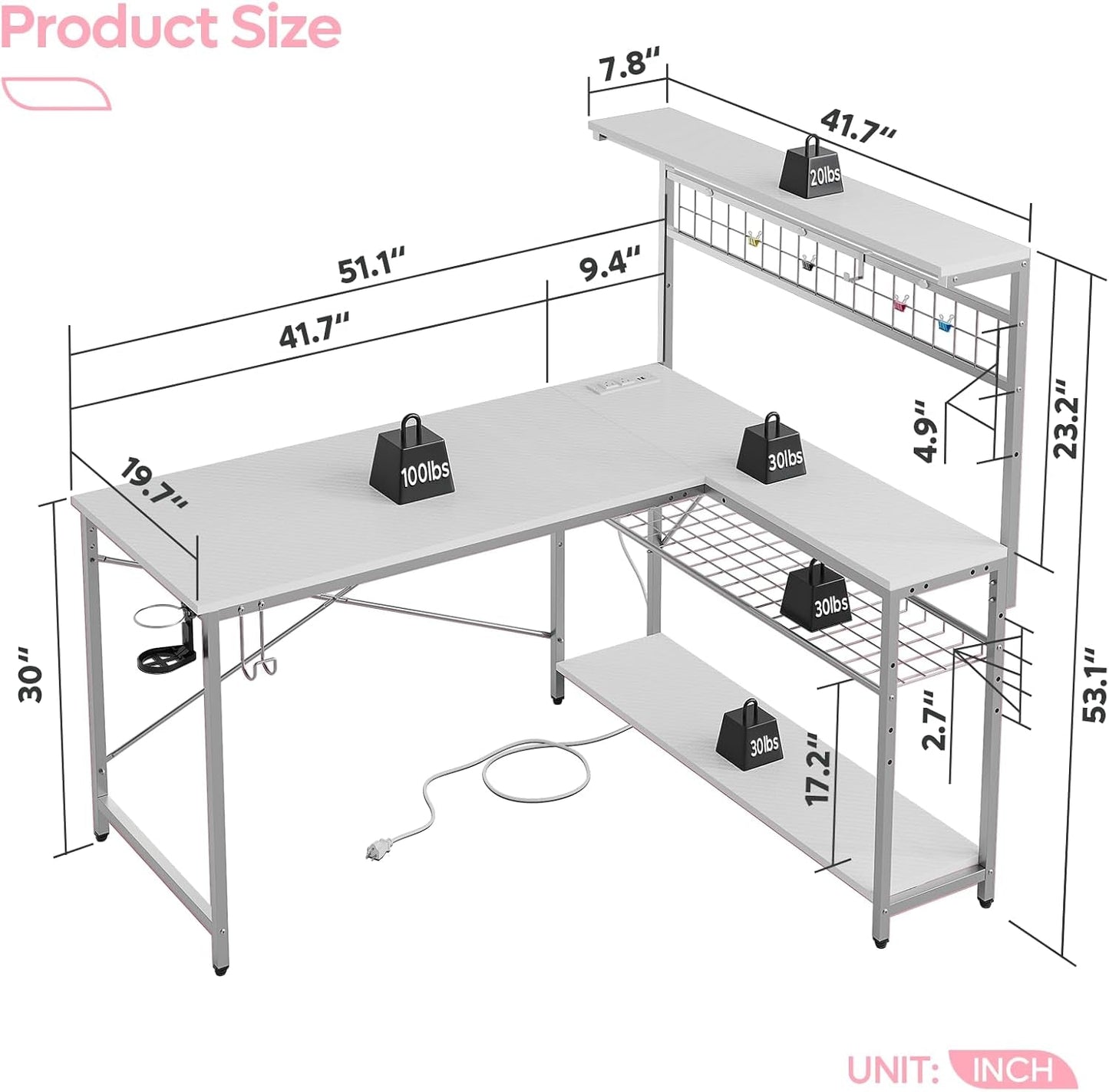 Gaming Desk 51" L-Shaped, with Power Outlets & LED Lights- 4 Tier