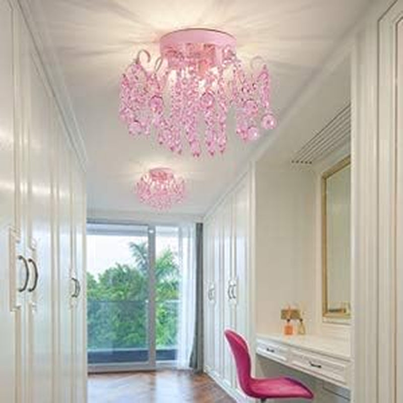 Mini Chandelier Crystal,Semi Flush Mount Pink Girl Chandelier, Small