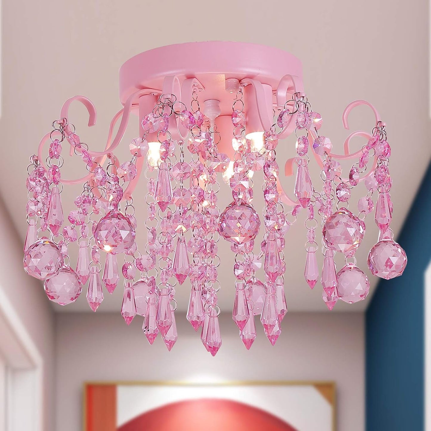 Mini Chandelier Crystal,Semi Flush Mount Pink Girl Chandelier, Small