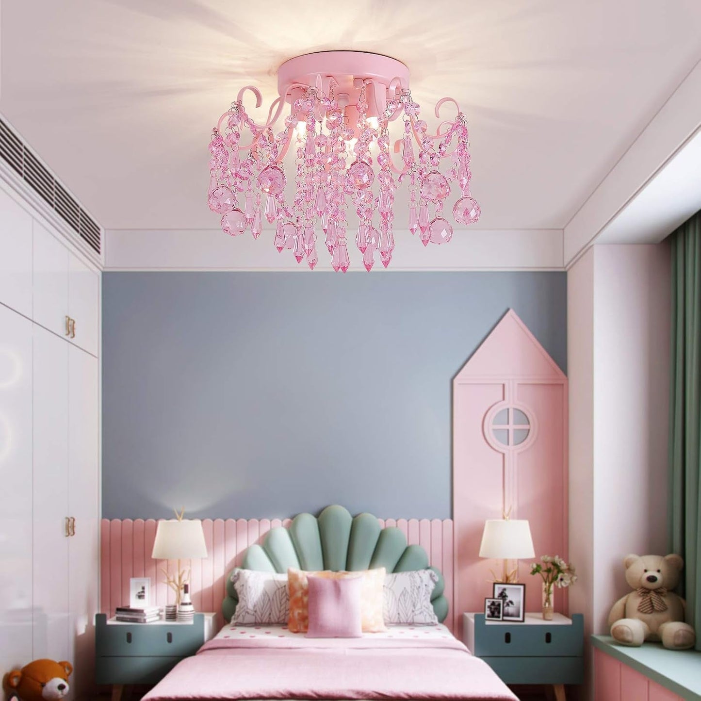 Mini Chandelier Crystal,Semi Flush Mount Pink Girl Chandelier, Small