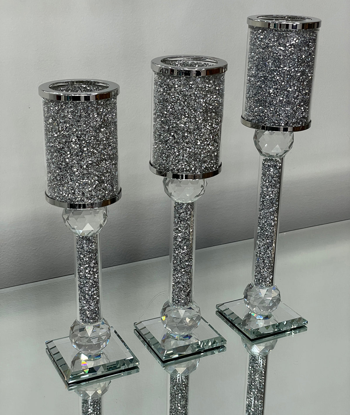 Ambrose 3 Candles Holder Set, Silver Crushed Diamonds Glass