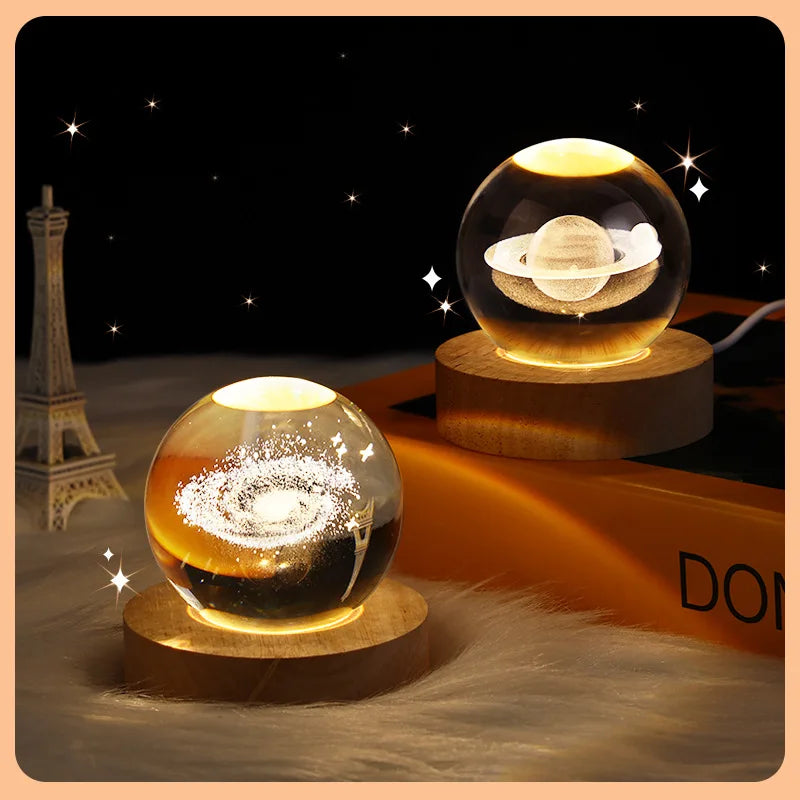 USB Night Light LED Crystal Ball Table Lamp 3D Moon Planet Galaxy