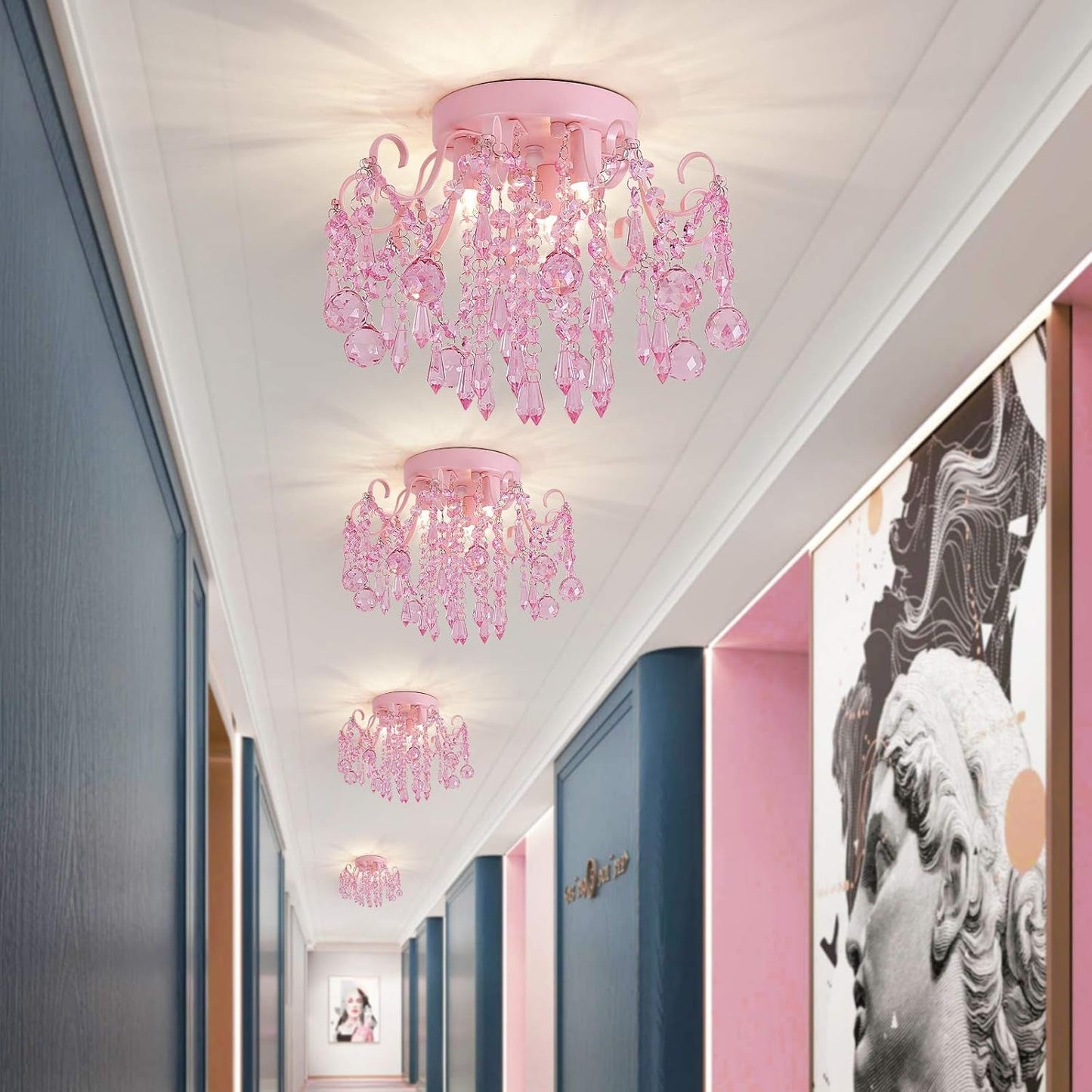 Mini Chandelier Crystal,Semi Flush Mount Pink Girl Chandelier, Small