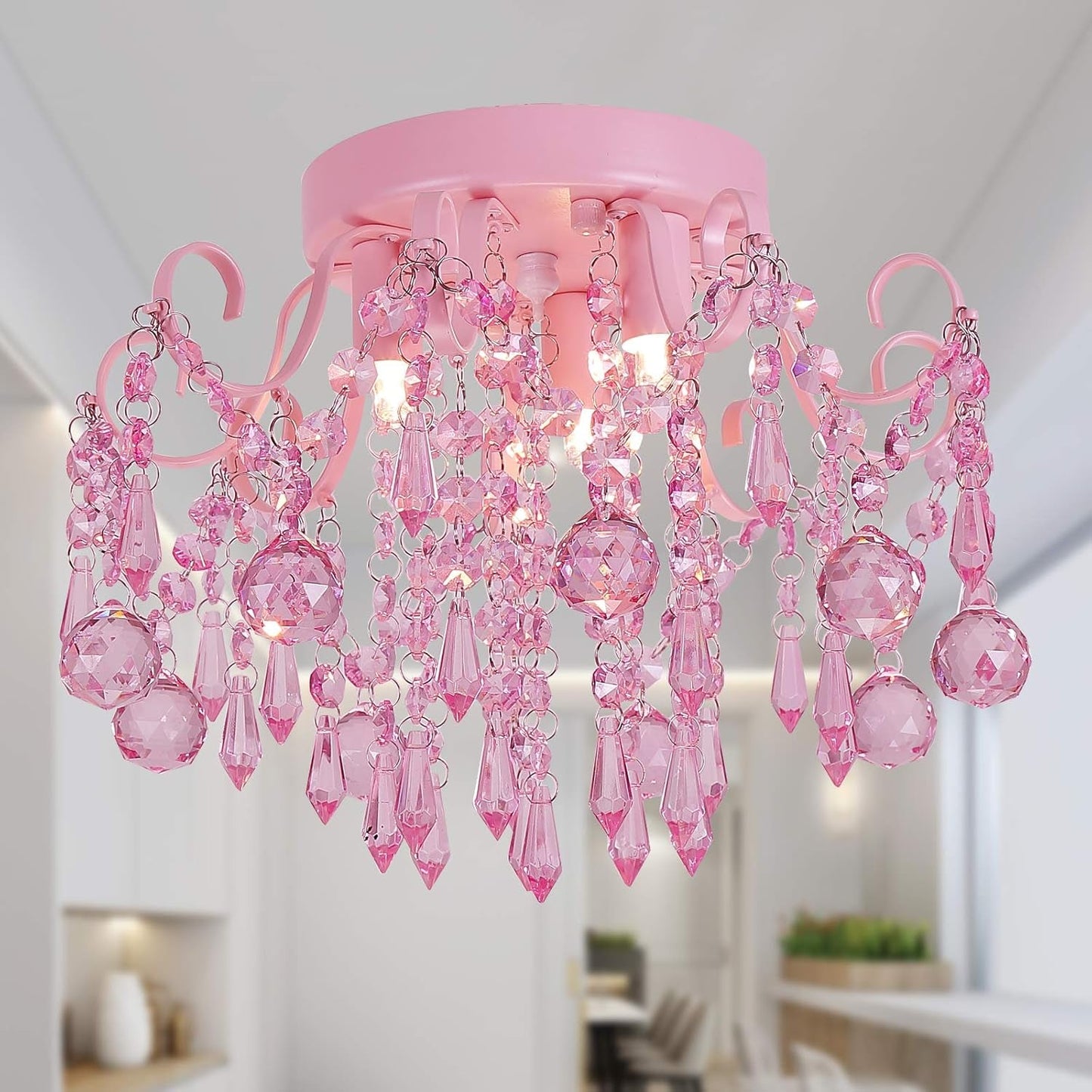 Mini Chandelier Crystal,Semi Flush Mount Pink Girl Chandelier, Small